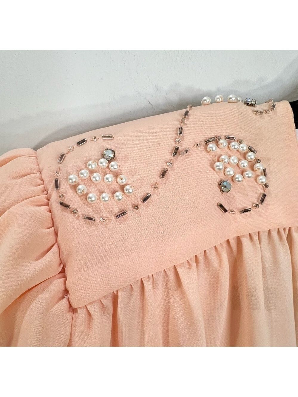 Vintage 80s union made beaded peach chiffon open jacket cami skirt set suit 16 - Picture 8 of 17